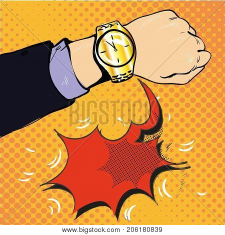 Wrist watch show now pop art style vector illustration. Comic book style imitation stock