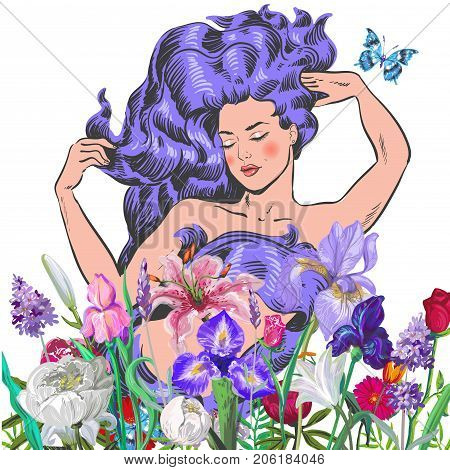 portrait of young beautiful woman with flowers stock