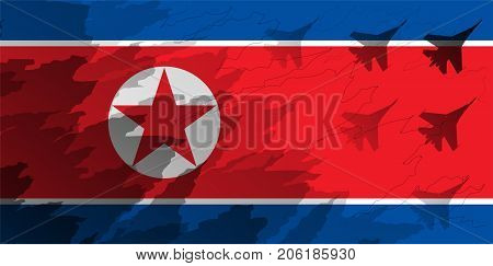 Silhouettes of fighter unit against the background of the flag of North Korea. Military background. Conflict in Asia