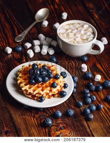 Waffles with Fresh Blueberry and Honey on Plate Cup of Coffee with Marshmallow.Vertical Orientation.