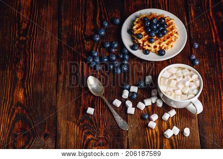 Waffles with Fresh Blueberry and Honey on Plate Cup of Coffee with Marshmallow. Copy space on the Left Side.