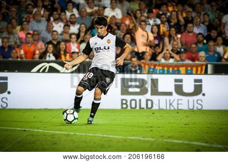 VALENCIA, SPAIN - SEPTEMBER 19: Carlos Soler during Spanish La Liga match between Valencia CF and Malaga CF at Mestalla Stadium on September 19, 2017 in Valencia, Spain