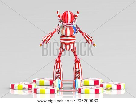3d rendering. candy robot standing on gray room background.