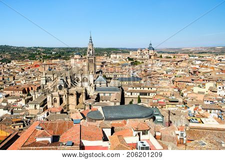 Aerial view of the medieval city of Toledo in Spain including the cathedral