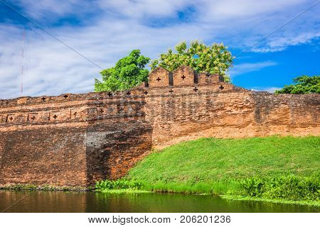 Chiang Mai, Thailand old city ancient wall and moat.