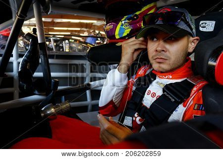 September 16, 2017 - Joliet, Illinois, USA: Kyle Larson (42) straps into his car to practice for the Tales of the Turtles 400 at Chicagoland Speedway in Joliet, Illinois.