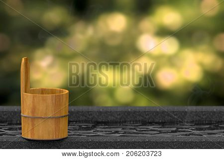 3D rendering. Japanese wood bath bowl on Hot spring bathtub with blurred green forest bokeh as background