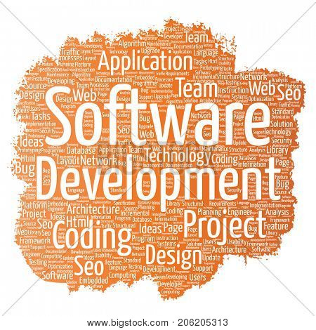 Conceptual software development project coding technology paint brush word cloud isolated background. Collage of application web design, seo ideas, implementation, testing upgrade concept