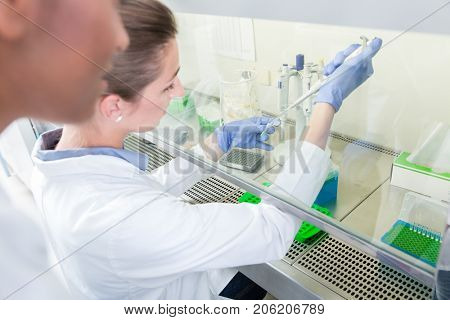 Group of scientists in research laboratory working under splashback