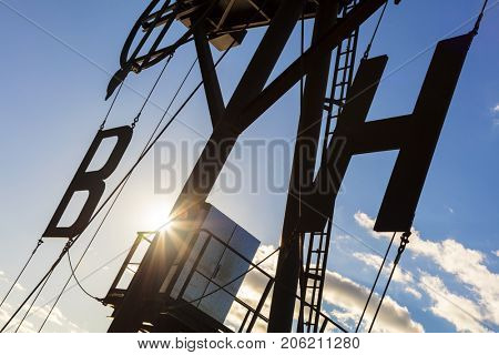 Historic wind gauge, sunset at the Weser Estuary, Bremerhaven Harbour, Germany, Europe