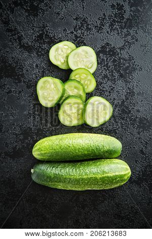 Sliced green cucumbers. Top view of cucumbers. Top view.