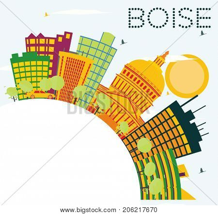 Boise USA Skyline with Color Buildings, Blue Sky and Copy Space. Business Travel and Tourism Concept. Image for Presentation Banner Placard and Web Site.