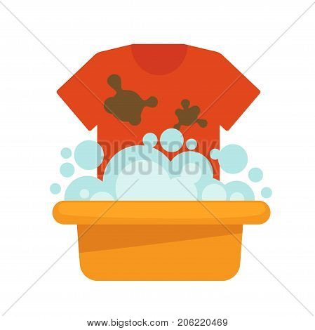 Dirty T-shirt and plastic basin with foam and bubbles isolated cartoon flat vector illustration on white background. Clothes with big brown stains and small container with soapy water to wash up.