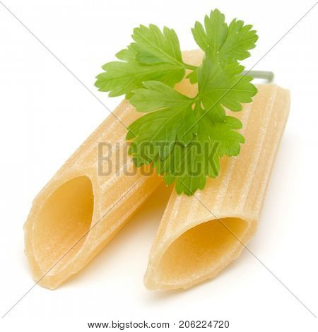 Italian pasta isolated on white background. Pennoni. Penne rigate.