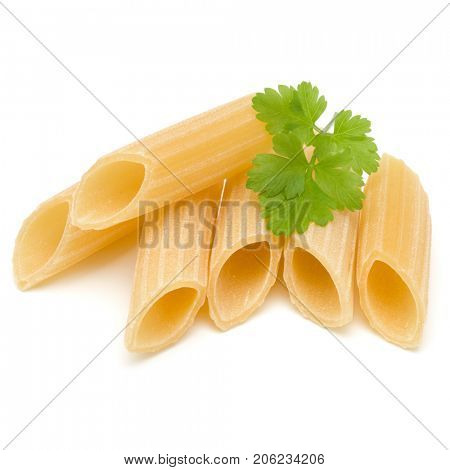 Italian pasta isolated on white background. Pennoni. Penne rigate.