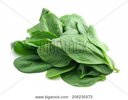 Fresh spinach leaves on white background