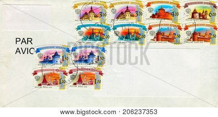 GOMEL, BELARUS - AUGUST 12, 2017: Old envelope which was dispatched from Russia to Gomel, Belarus, August 12, 2017. 