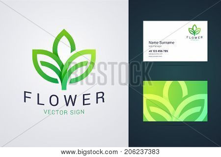 Flower logo template and business card template. Outline style logo with leaf sign and overlapping, origami effect and green gradients. Can be uses for green, ecological, healthy food company. Vector illustration for print or web.