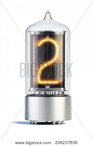 Nixie tube indicator isolated on white - set of decimal digits. Number 2. 3d rendering