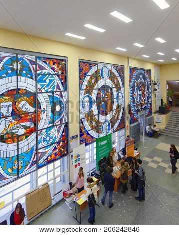 NOVOSIBIRSK, RUSSIA - NOVEMBER 14, 2014: Students of Novosibirsk state university getting information about jobs. The job fair was organized by the NSU Center of graduates