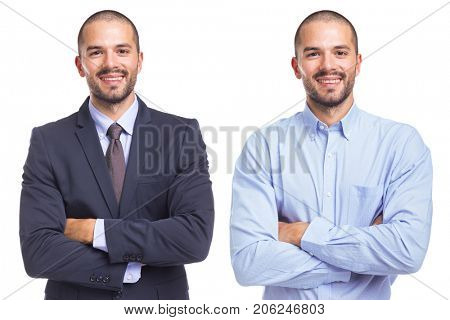 Portrait of the same man in different style clothes, isolated on a white background