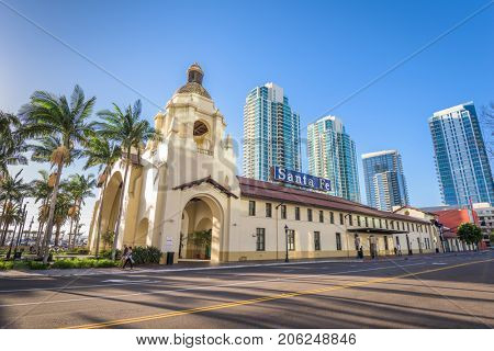 SAN DIEGO, CALIFORNIA - FEBRUARY 26, 2016: Santa Fe Depot in downtown San Diego. The building dates from 1915.