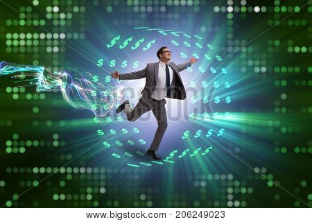 Businessman in hamster wheel chasing dollars