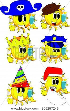 Cartoon sun with with a glass of water. Collection with costume. Expressions vector set.