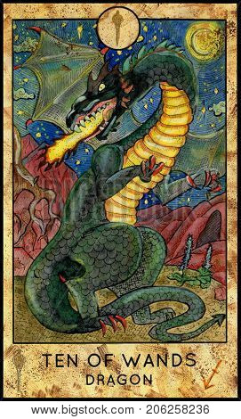 Dragon. Ten of wands. Fantasy Creatures Tarot full deck. Minor arcana. Hand drawn graphic illustration, engraved colorful painting with occult symbols