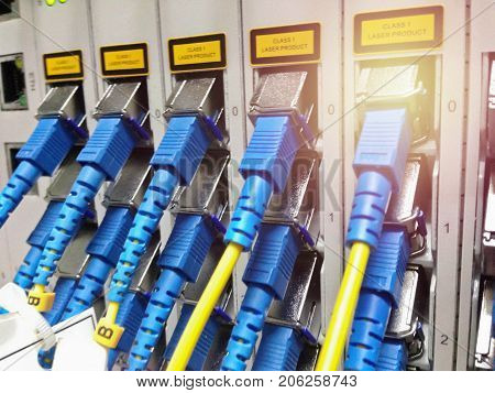 closeup of fiber optical network cables patch panel