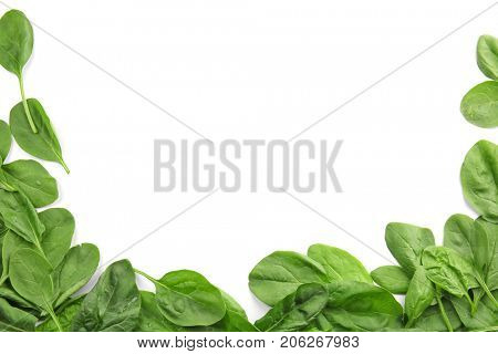 Frame made of fresh spinach leaves on white background