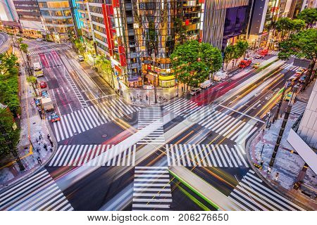 Tokyo, Japan cityscape and crosstown traffic in the Ginza District.