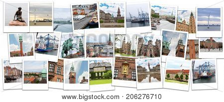 Collage with Copenhagen (Denmark) views - Little Mermaid statue, cargo ships, Rosenborg Castle, Monument to Bishop Absalon, Copenhagen City Hall