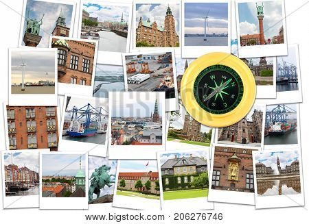 Collage with Copenhagen (Denmark) photos and compass - Little Mermaid statue,osenborg Castle, Monument to Bishop Absalon