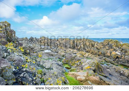 Beautiful rocky seashore at Peel hill in Isle of Man