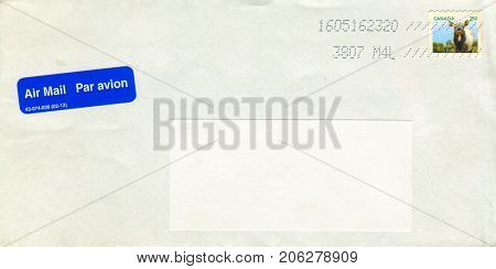 GOMEL, BELARUS - AUGUST 12, 2017: Old envelope which was dispatched from Canada to Gomel, Belarus, August 12, 2017. 