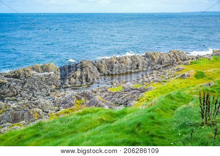 Beautiful rocky seashore at Peel hill in Isle of Man