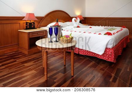 Hotel room prepared for romantic date