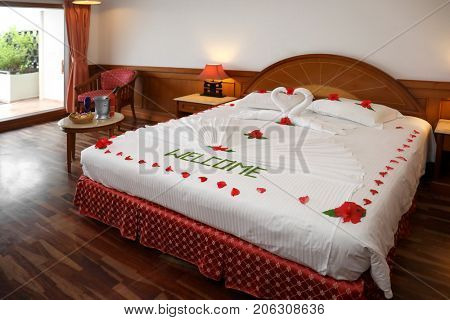 Hotel room prepared for romantic date