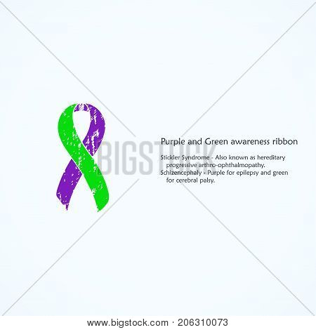 Awareness Purple and Green ribbon. Painted. Stickler Syndrom, Schizencephaly. Isolated icon. List of meanings, symbol, name of color.