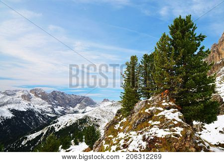 Beautiful landscape in Dolomites. View from mountain Sasso Lungo. Province of Trento, South Tyrol, Italy.