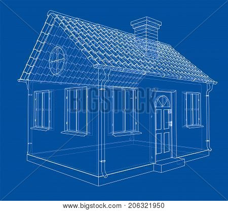 A small house with shingles roof. Vector rendering of 3d. Wire-frame style. The layers of visible and invisible lines are separated