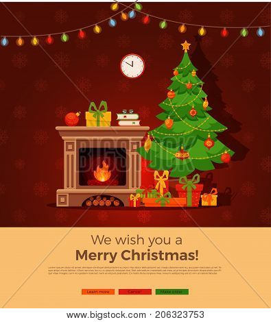 Christmas fireplace room interior in colorful cartoon flat style. Christmas tree, gifts, decoration, light bulb chain, fireplace. Cozy noel xmas night celebration interior vector illustration.
