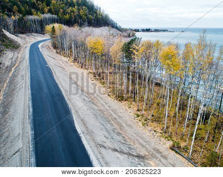 aerial view road shore water lake forest