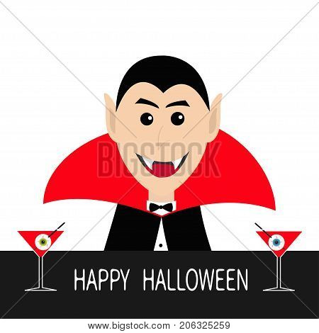 Count Dracula head face wearing black and red cape. Cute cartoon smiling vampire character fangs. Bar counter Martini glass with blood eyeball. Happy Halloween. Flat design. White background. Vector