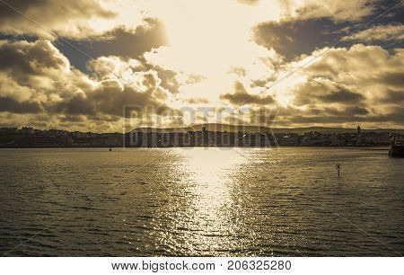 Beautiful coastline with the seaside town of Peel, Isle of Man