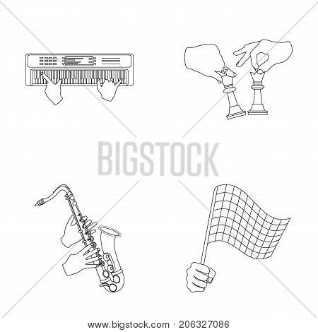 Playing on an electric musical instrument, manipulation with chess pieces and other  icon in outline style. playing on a gold saxophone, checkered flag of auto racing in hand icons in set collection.