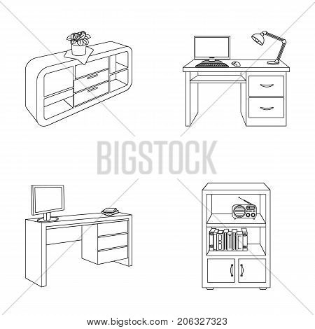 A shelf with a flower, a desk with a computer and a lamp, a table with a monitor and a book, a cabinet with documents and a radio.Furniture and interior set collection icons in outline style isometric vector symbol stock illustration .