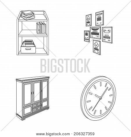 Cabinet, shelving with books and documents, frames on the wall, round clocks. Office interior set collection icons in outline style isometric vector symbol stock illustration .