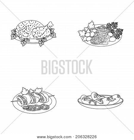 Fried chicken, vegetable salad, shish kebab with vegetables, fried sausages on a plate. Food and Cooking set collection icons in outline style vector symbol stock illustration .